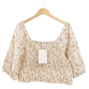 NWT Seraphine Beige Floral Smocked Square Neck Puff Sleeve Crop Top Size 12 Boho